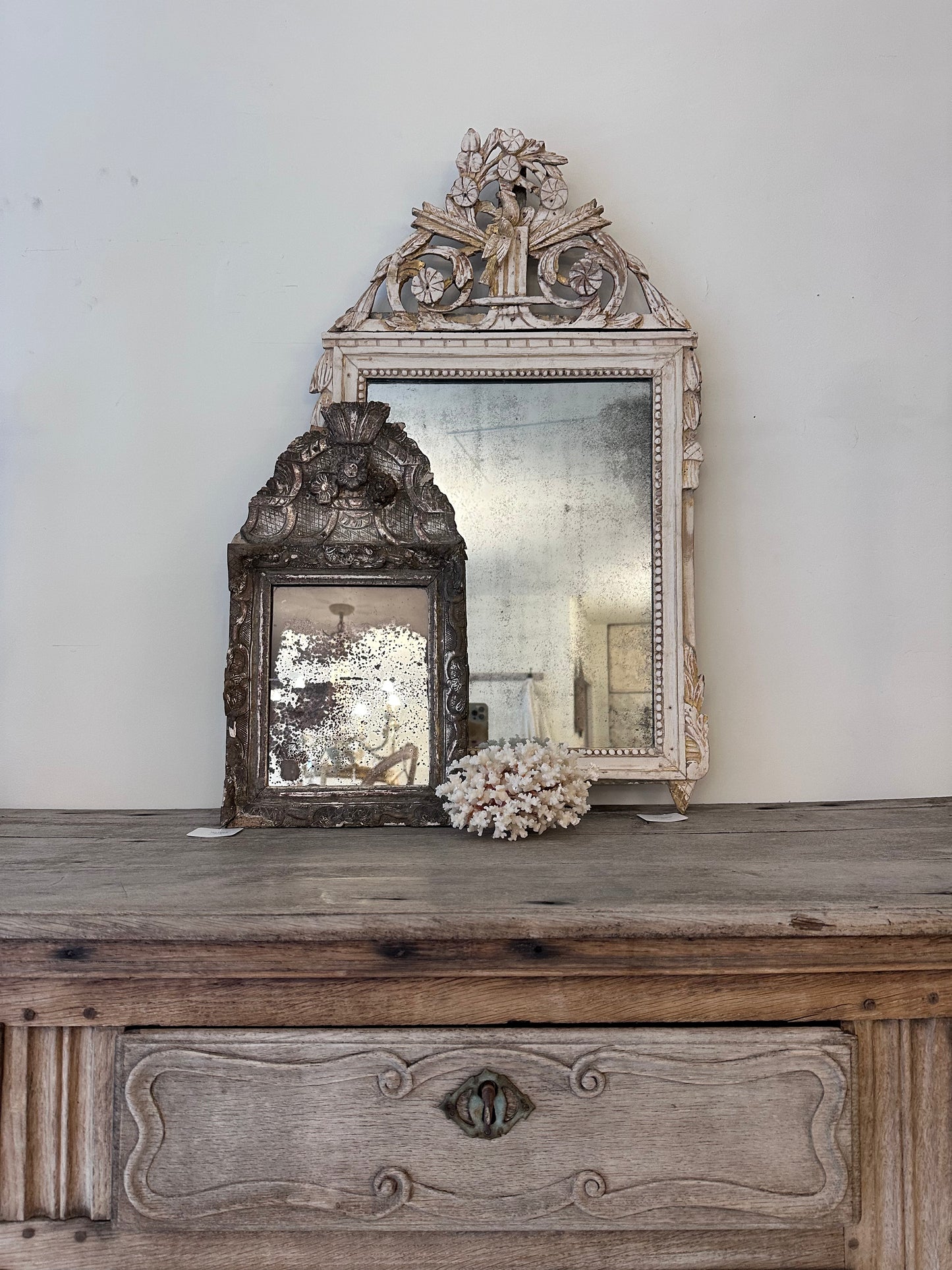 Late 18c French Silver Gilt Wood Marriage Mirror