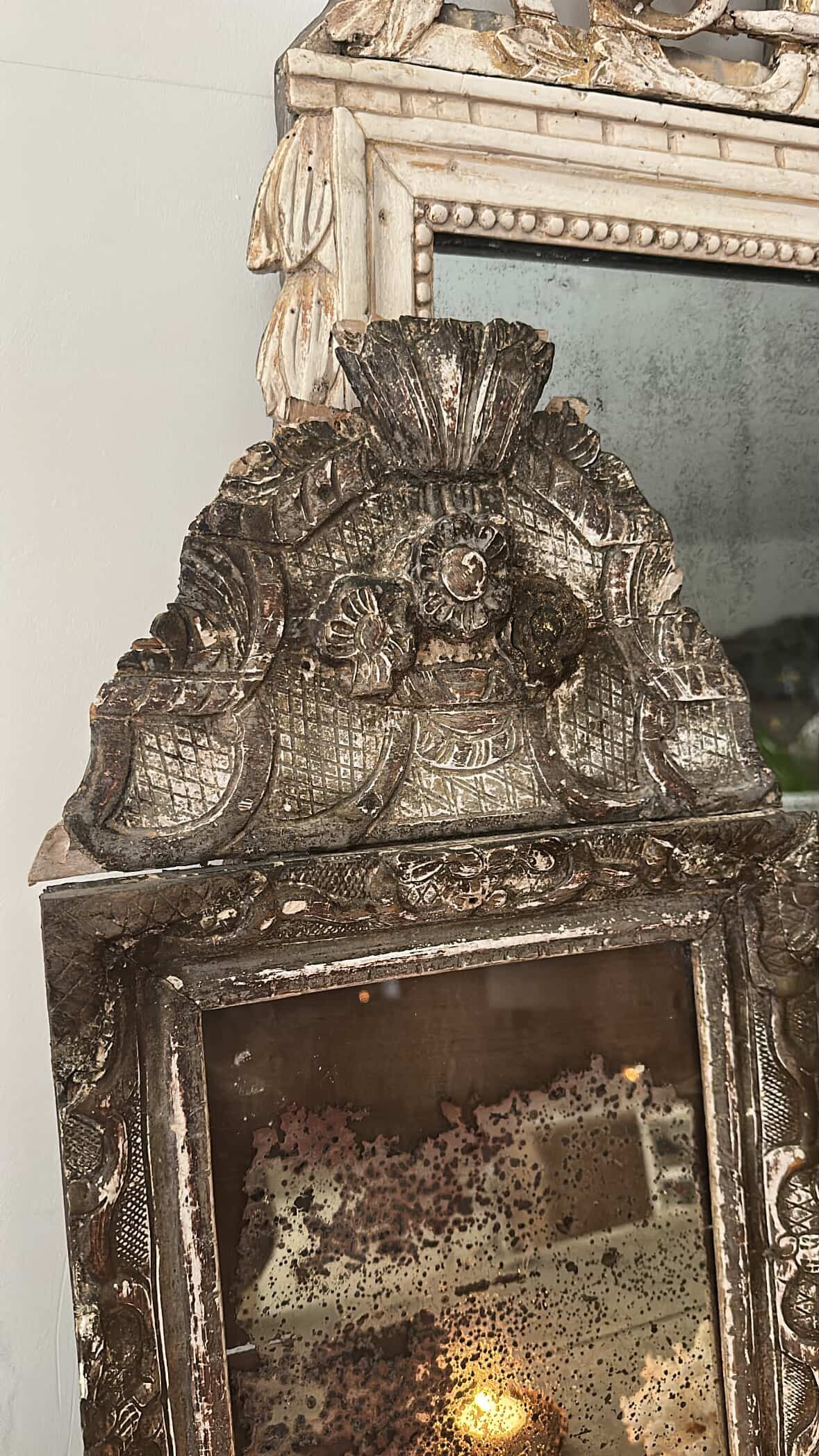 Late 18c French Silver Gilt Wood Marriage Mirror